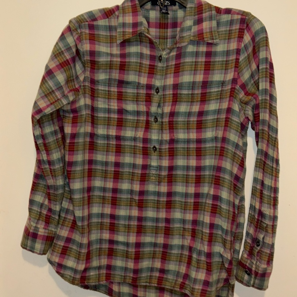 Chaps plaid flannel 18” PTP 24-26” length 3/4 length sleeve fuchsia pink